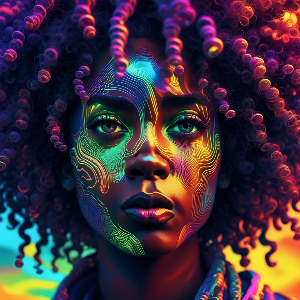 Vibrant Afrofuturist Hologram in Neon Glitch Style