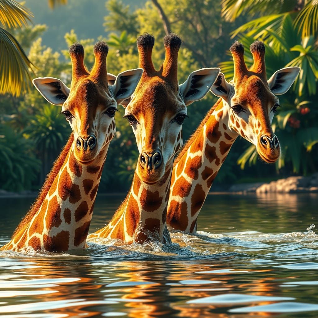 Giraffes Emerge from Serene River Oasis