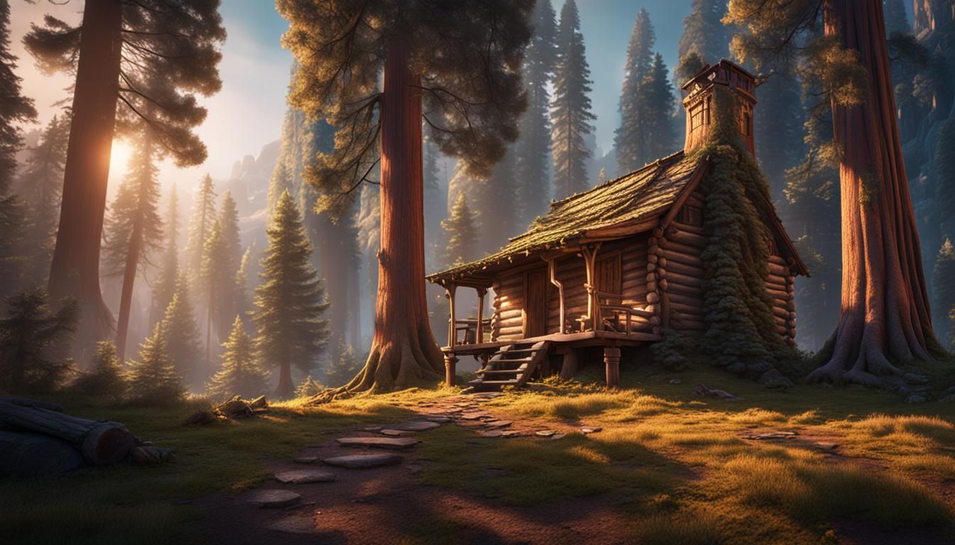 Rustic Cabin Beneath Giant Sequoias: Matte Painting