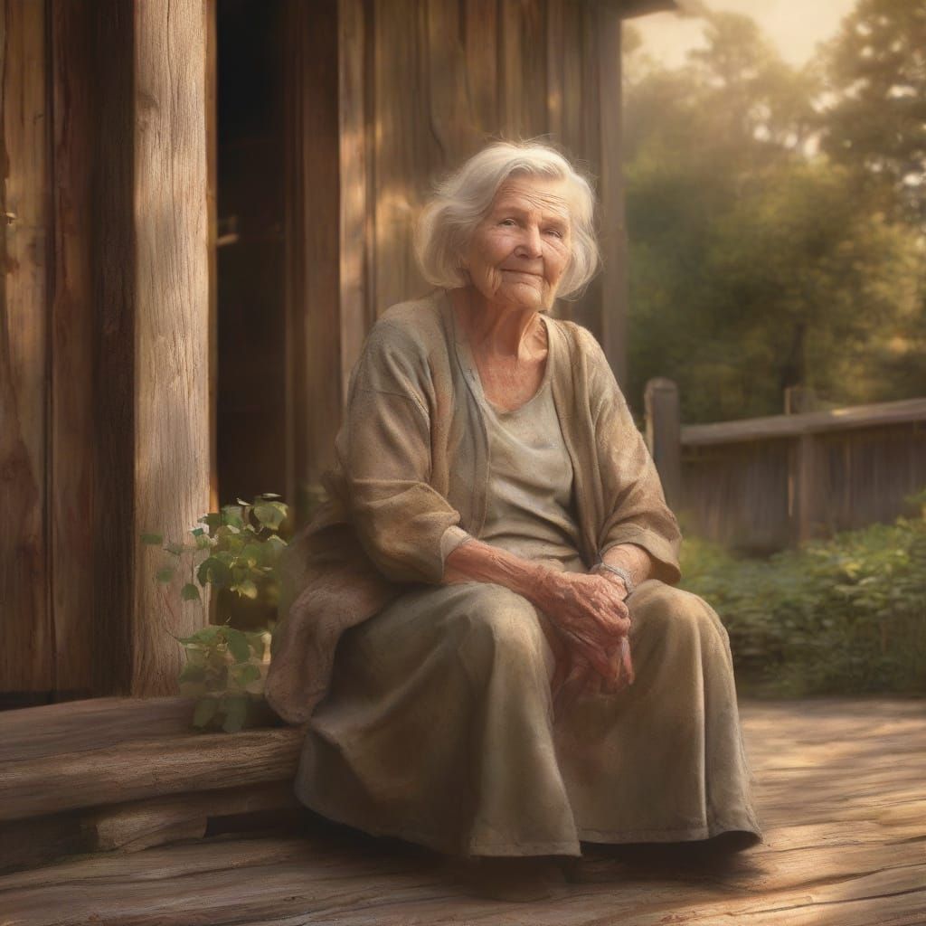 Old Woman on Farmhouse Porch in Warm Sunlight
