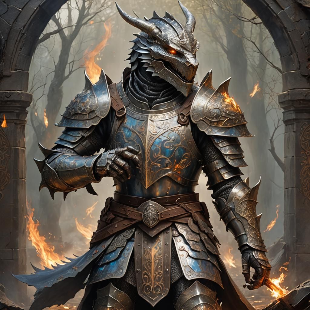 Knight with Dragon in Rune-Lit Forest