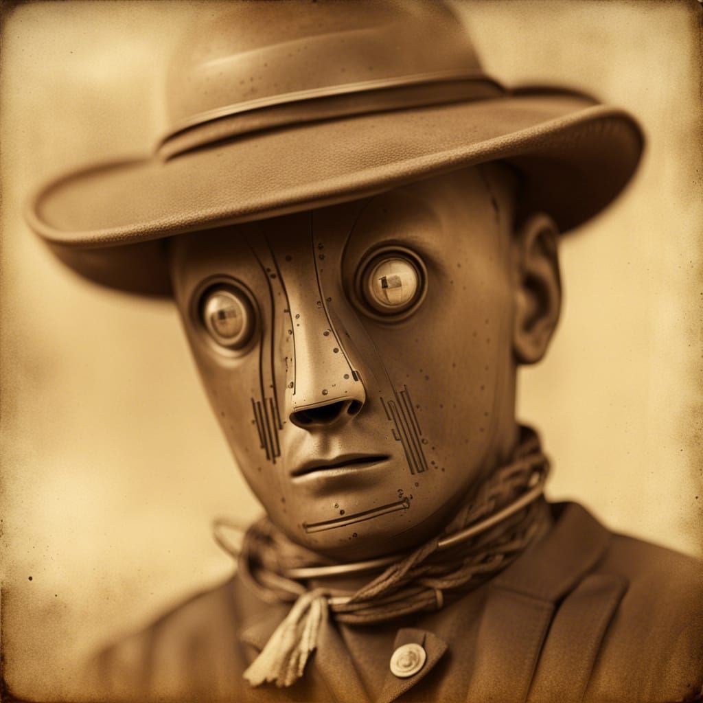 Sepia Portrait of Robot Man in Frontier Style