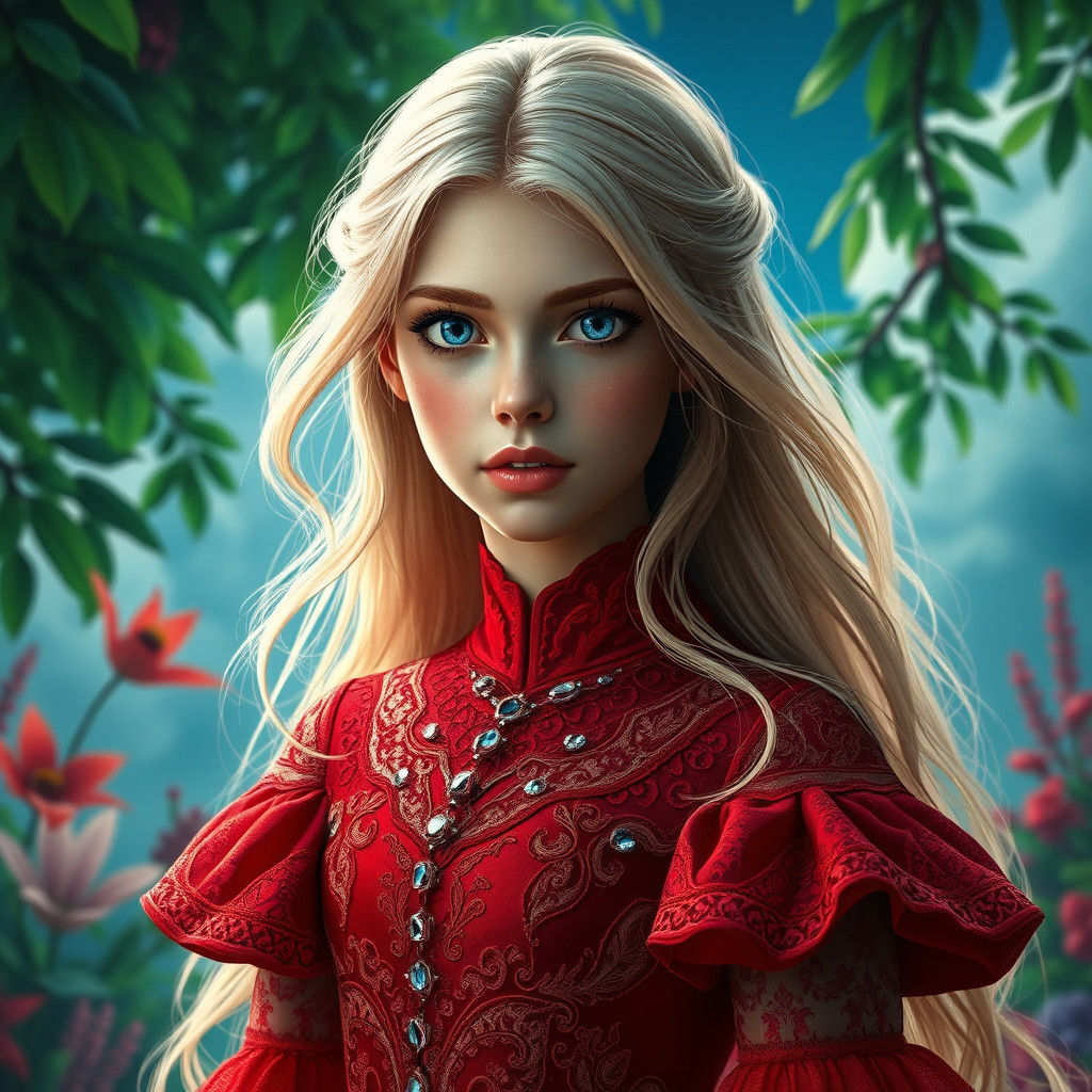 Blond Girl in Red Dress, Epic Fantasy Concept Art