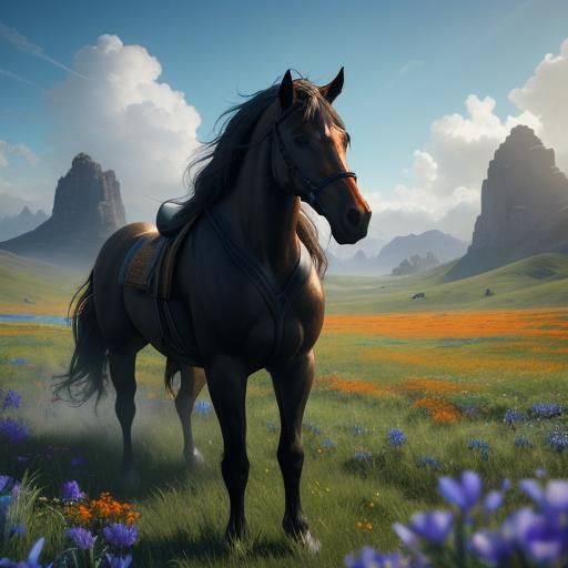 Horse in Wildflower Field: Matte Painting Style