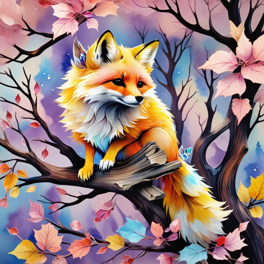 Whimsical Fox and Canary in Watercolor Style