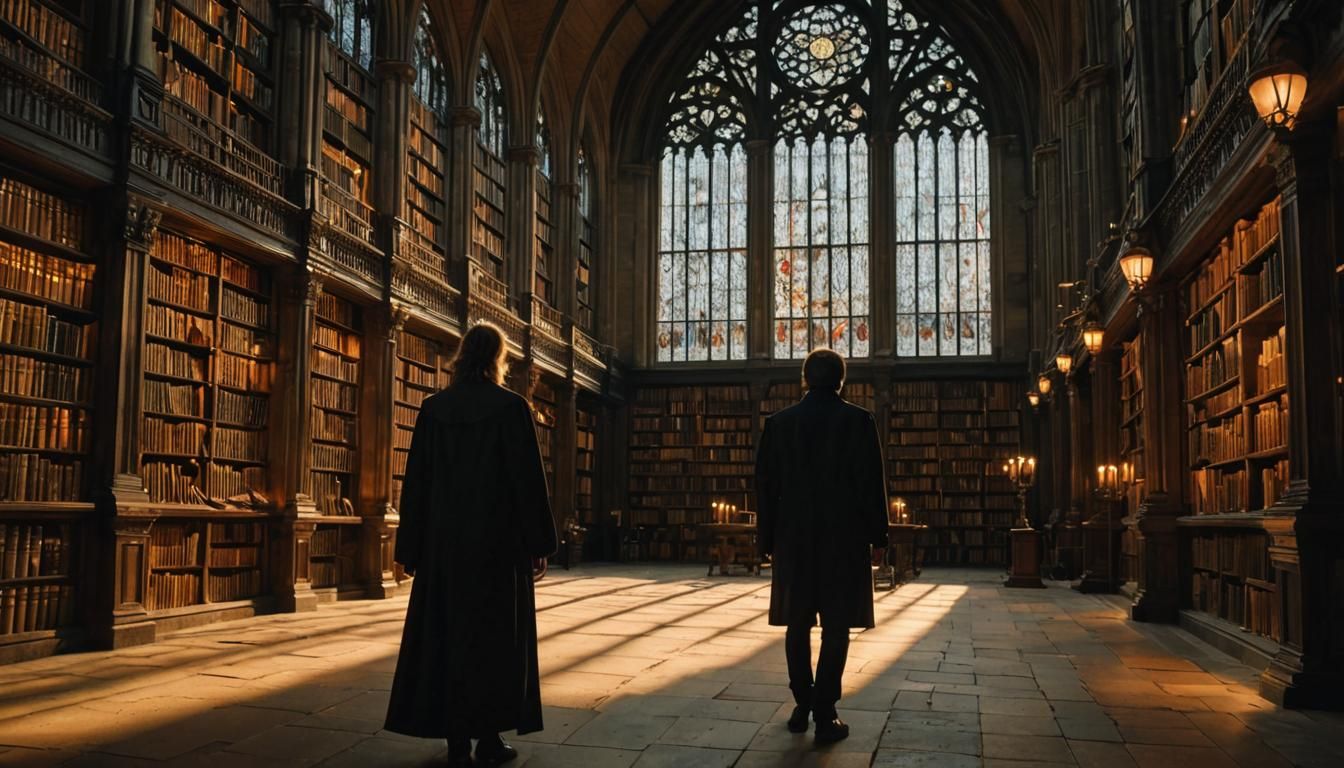 Dark Academia Library: Solitary Figure in Gothic Splendor