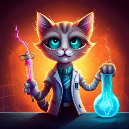 Mad Scientist Cat in Cyberpunk Laboratory