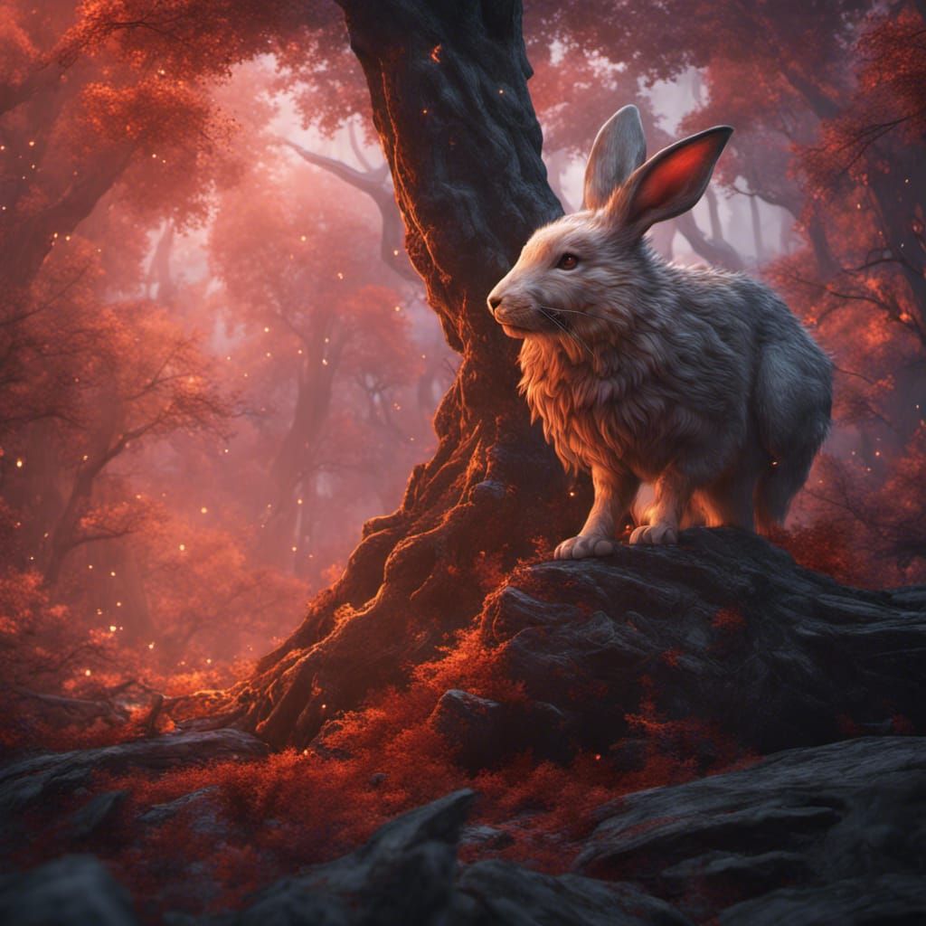 Fantastical Bunny Wolf in Burning Forest