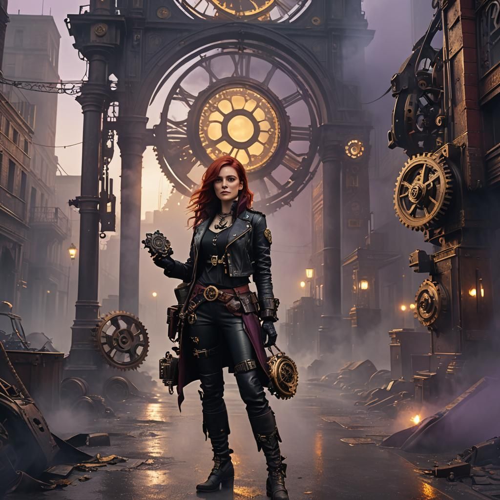 Gothic Steampunk Woman in Industrial Cityscape