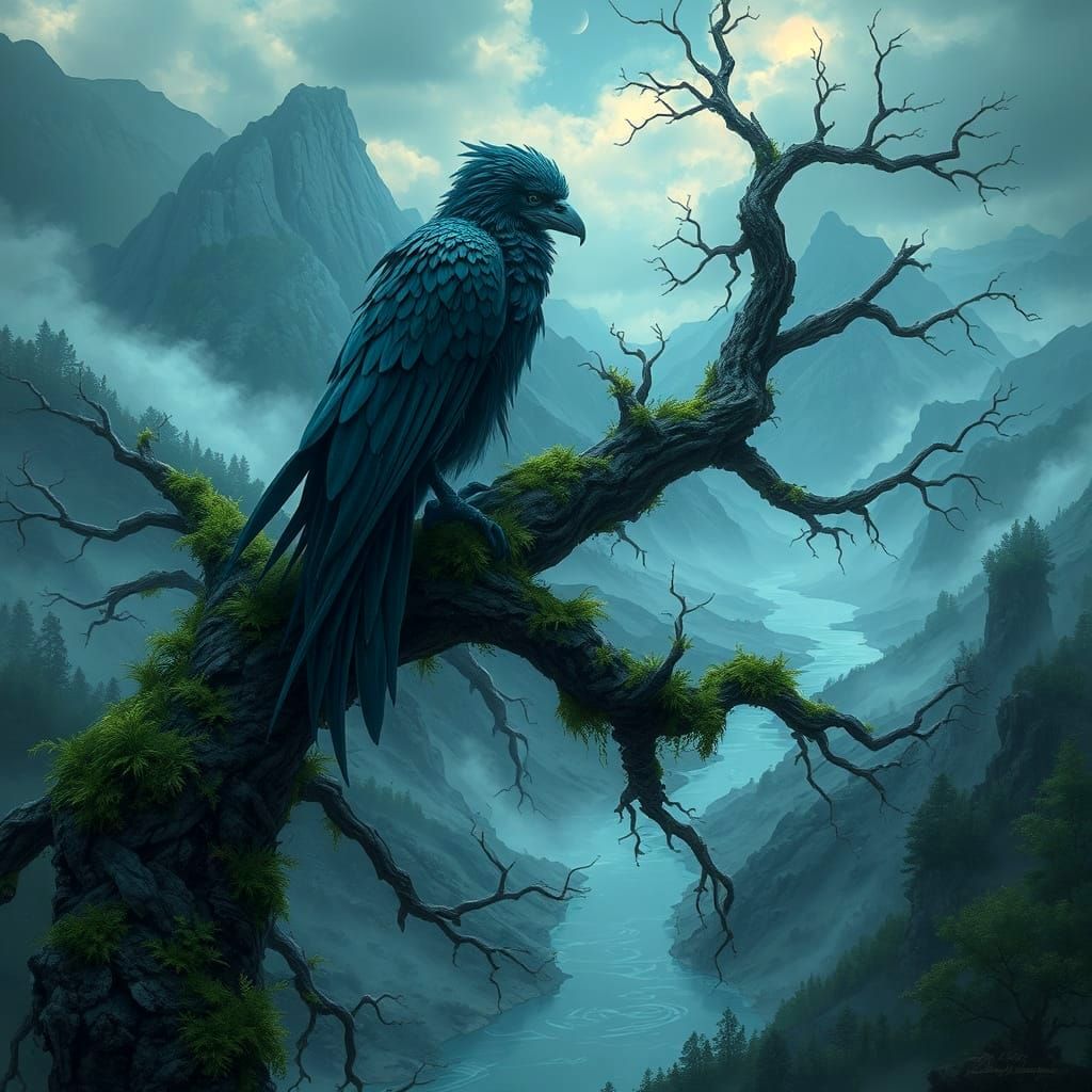 Bioluminescent Crow-Woman on Ancient Tree