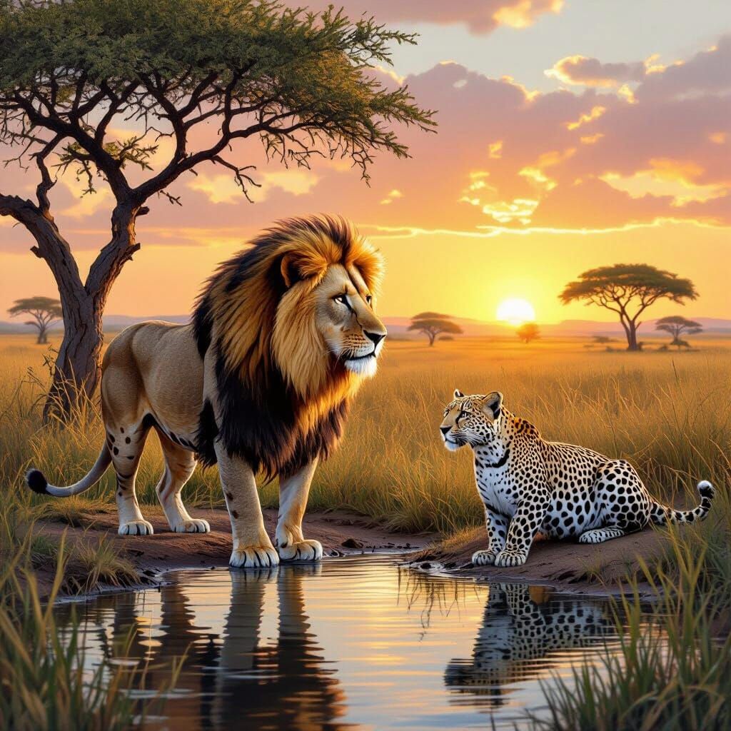 Lion and Leopard at Savannah Watering Hole