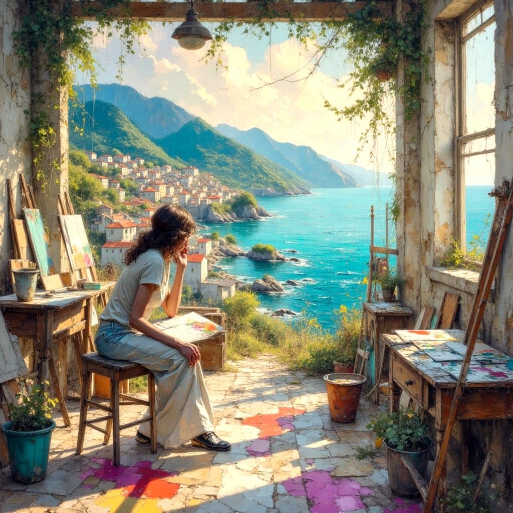 Mediterranean Seaside Artist Studio in Impasto Style