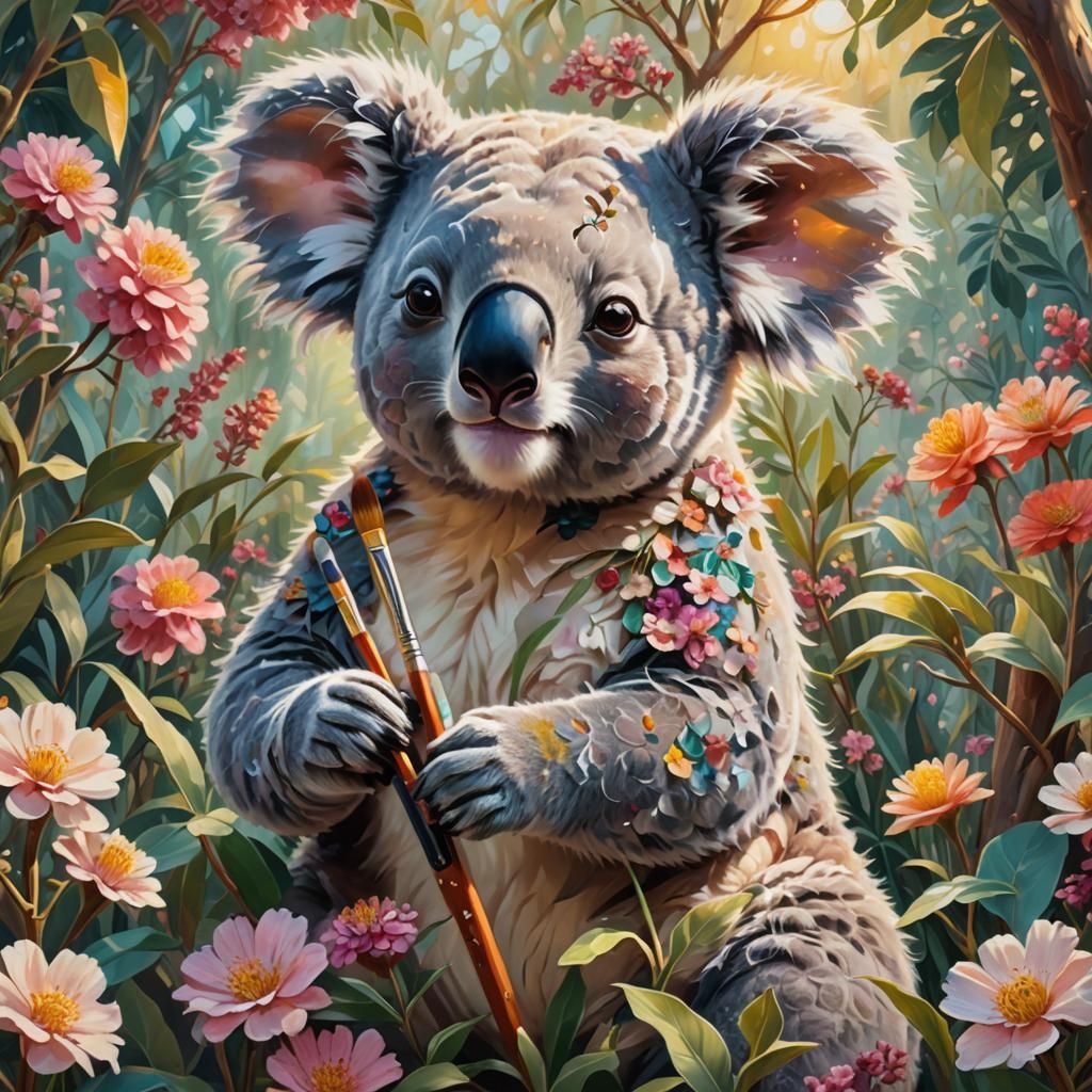 Koala Painting in Flower Garden, Anime-Inspired 3D Art