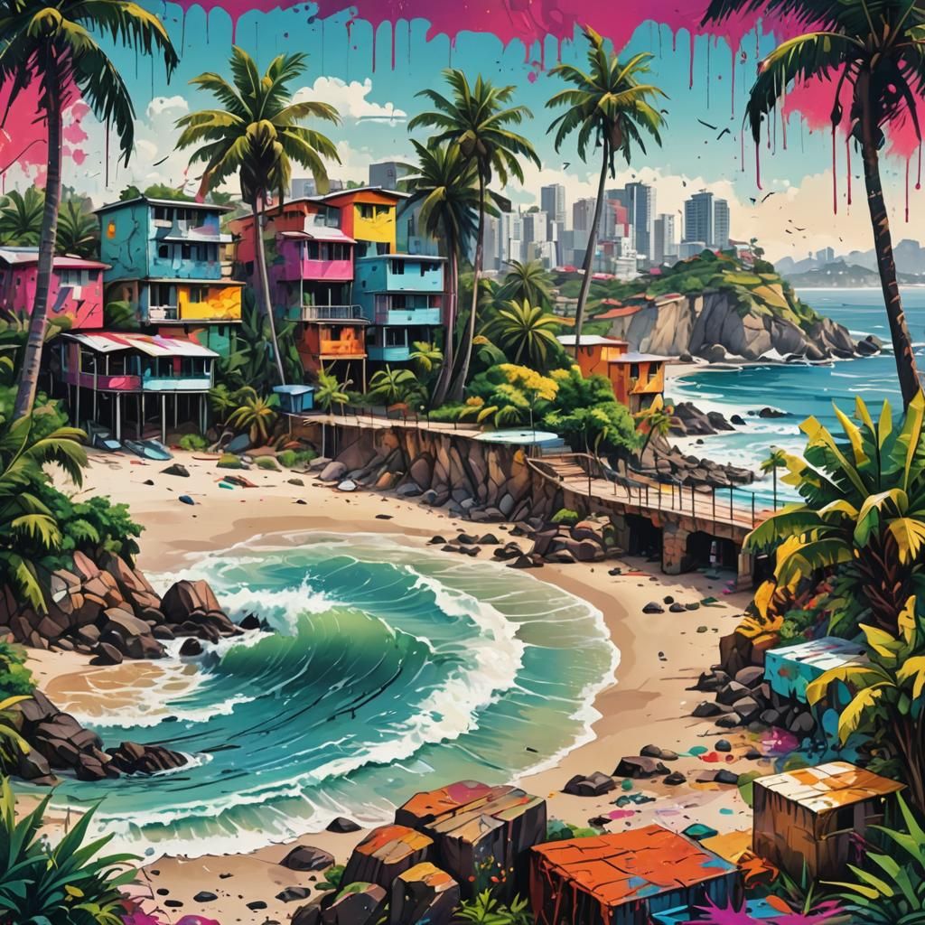 Brazilian Coastline in Vibrant Graffiti Art Style