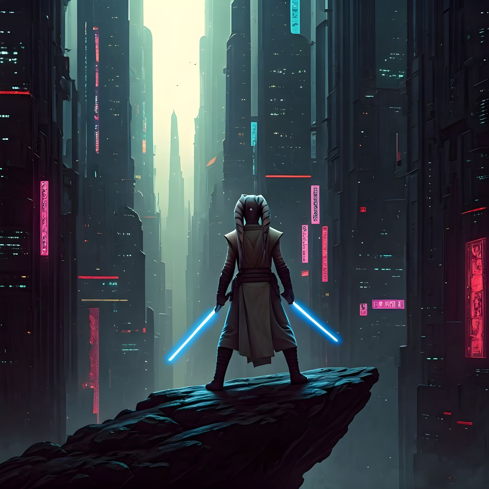 Twi'lek Jedi Knight in Cyberpunk Cityscape