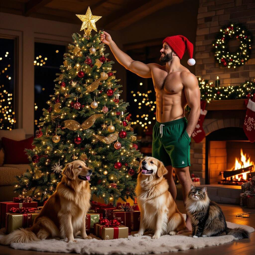 Festive Christmas Tree Topping Scene with Family Pets