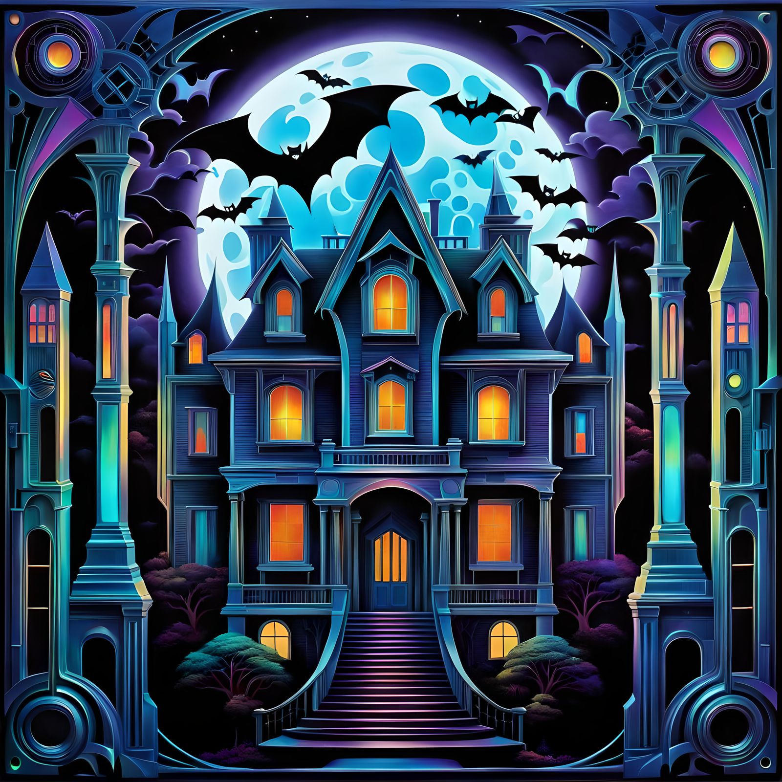 Science Fiction Wall Panel with Haunted House in Art Deco