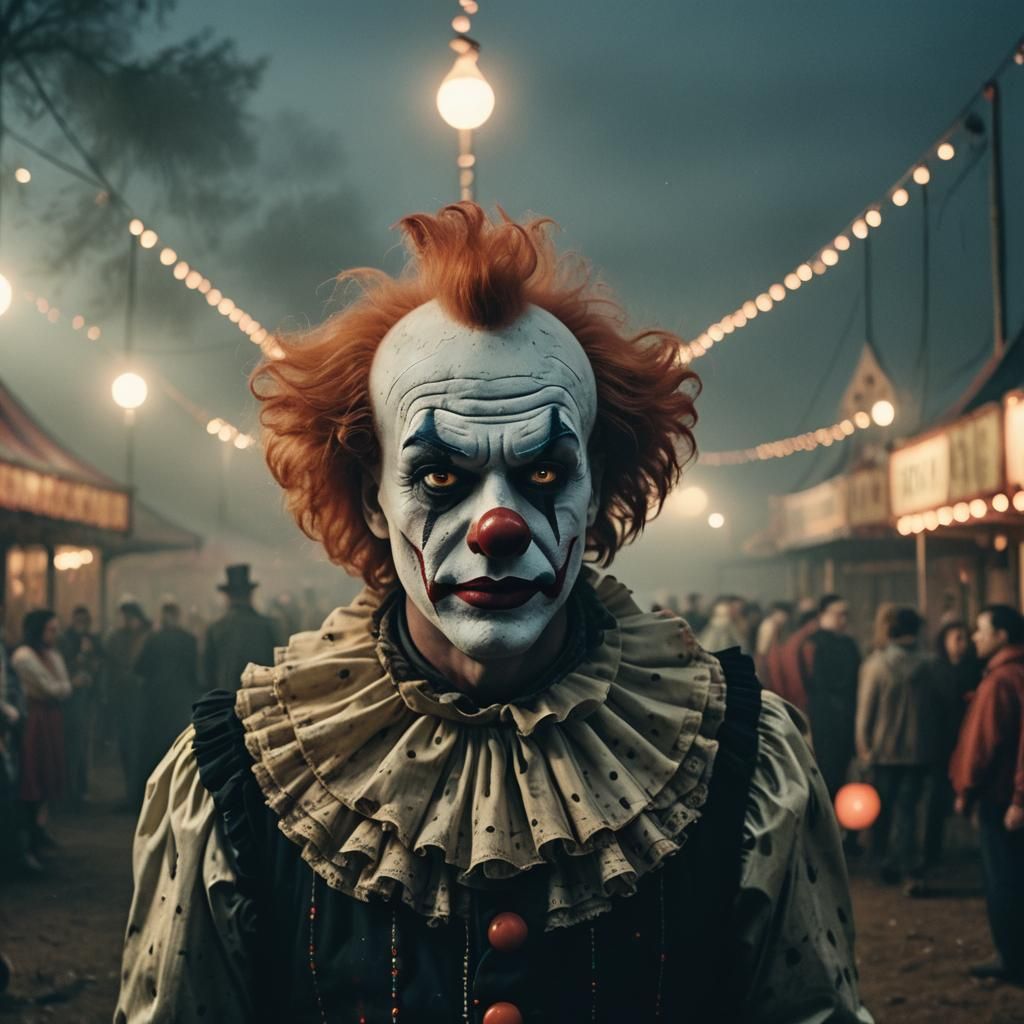 Terrifying Clown in Foggy Carnival: Film Noir Style