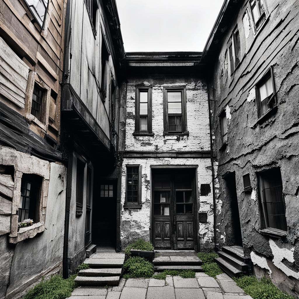 Dark Moonlit Cityscape with Distressed Buildings