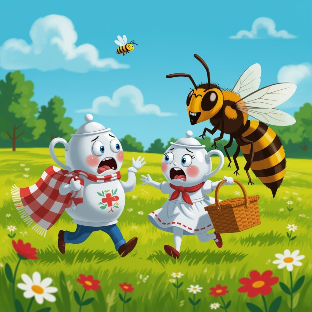 Terrified Teapot Couple Flees Giant Hornet in Meadow