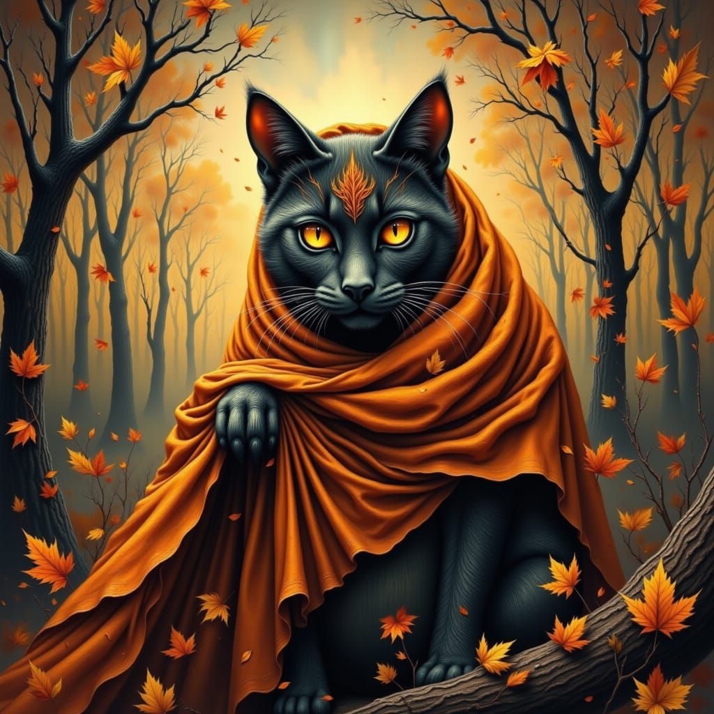 Mystical Cat in Fiery Autumn Orchard