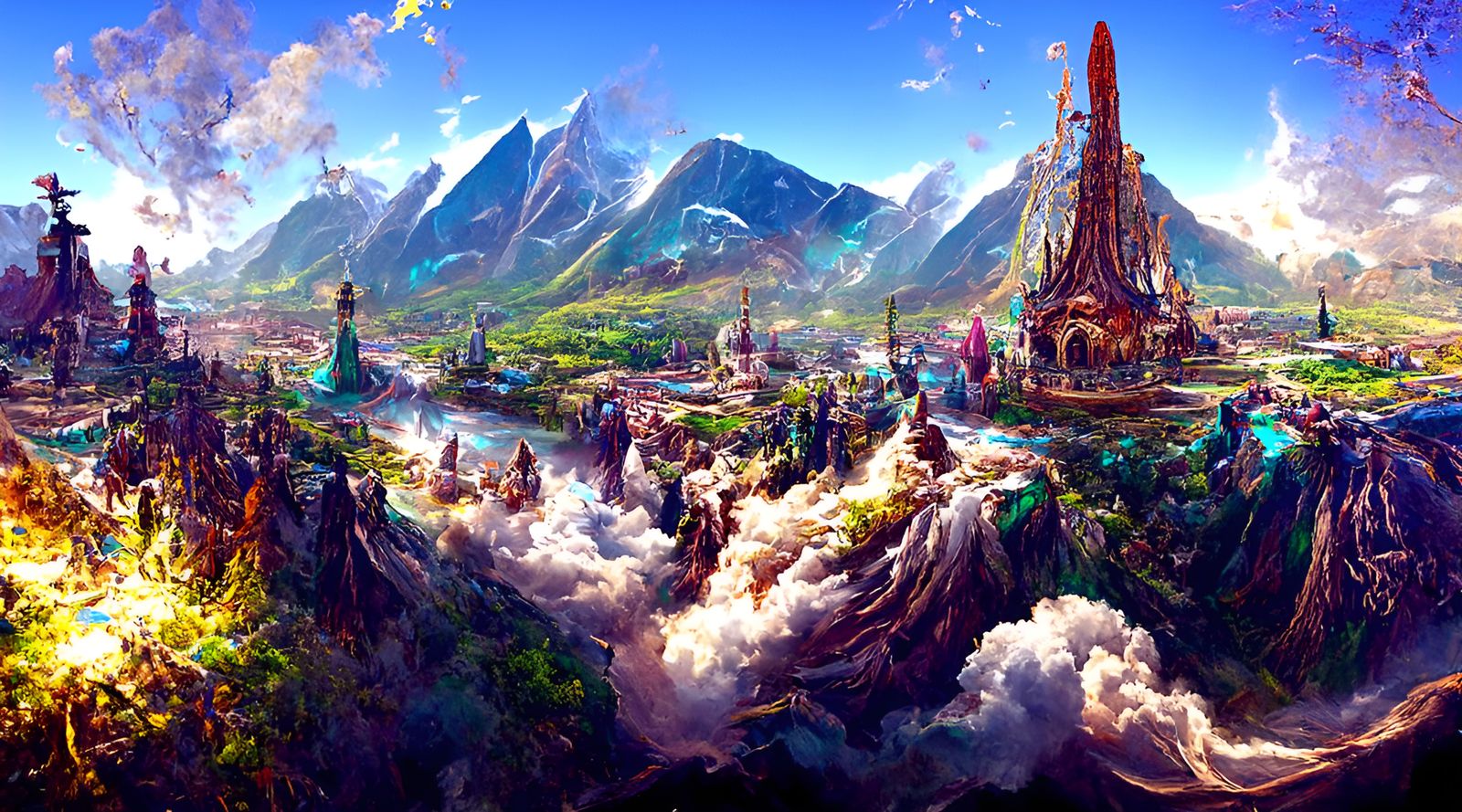 Epic Fantasy Mountain Metropolis: Digital Illustration