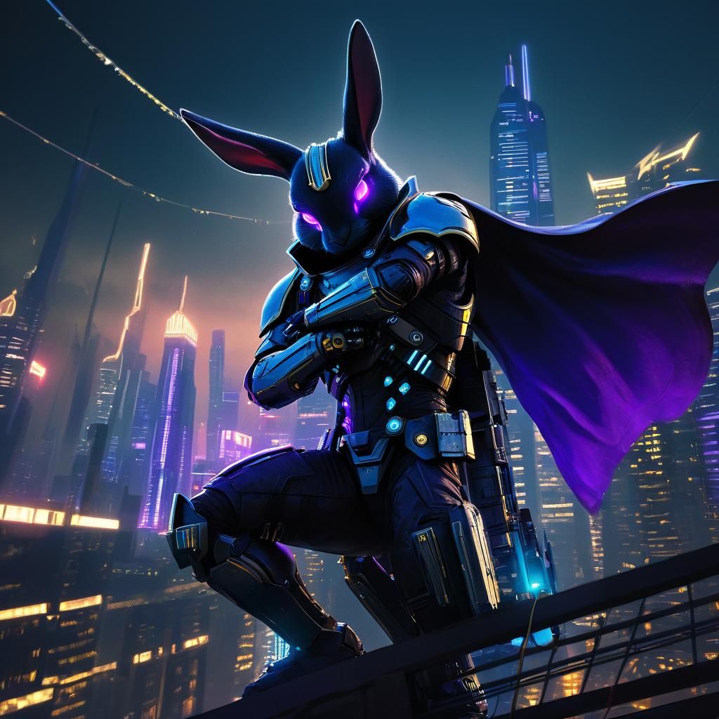 Biopunk Rabbit Warrior on Futuristic Skyline