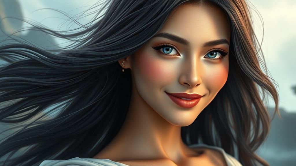 Radiant Woman with Heart-Shaped Face and Captivating Blue Gr...