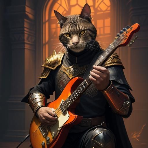 Fantasy Cat Rocking Guitar in Throne Room