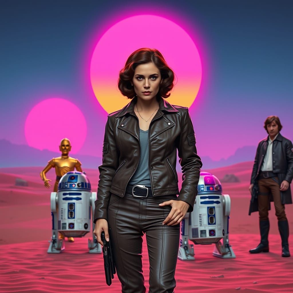 Princess Leia on Tatooine in Synthwave Neon Style