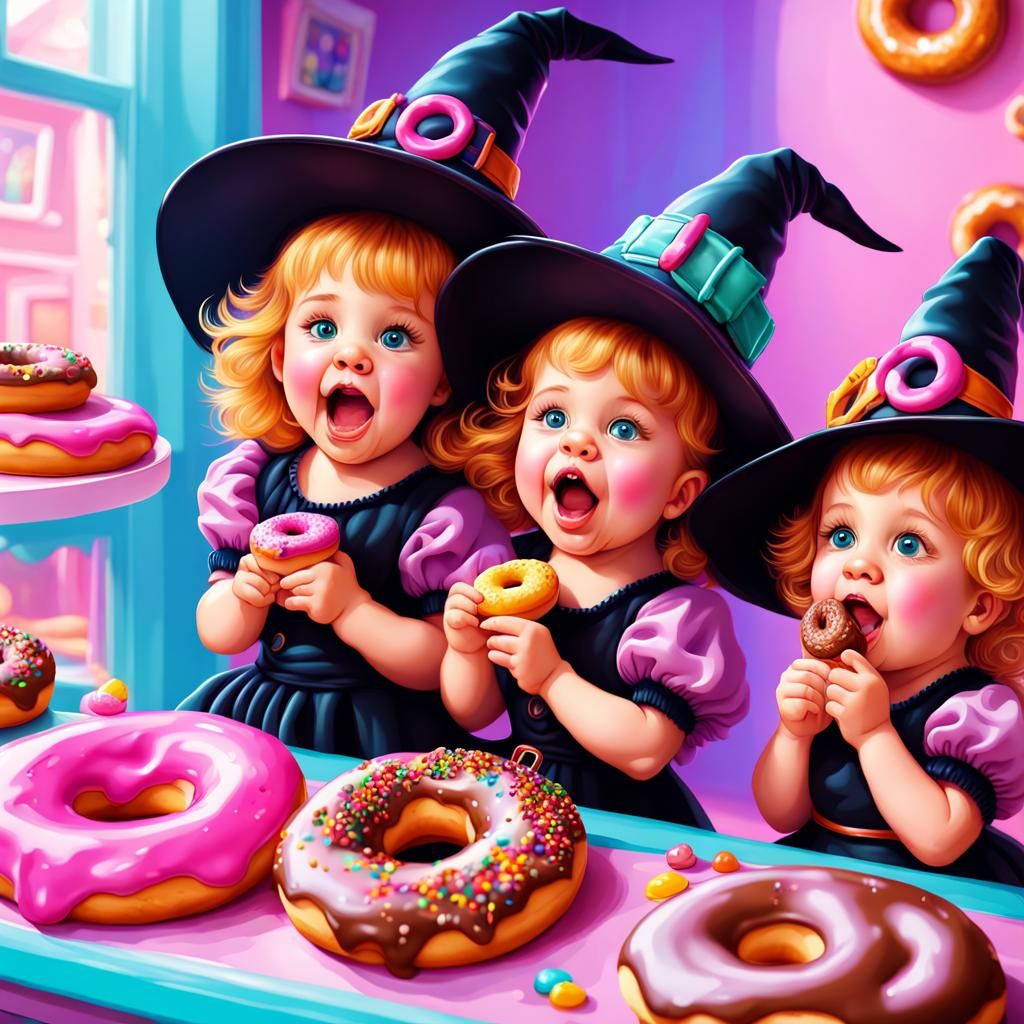 Baby Witches Eating Donuts in Candyland Art Style