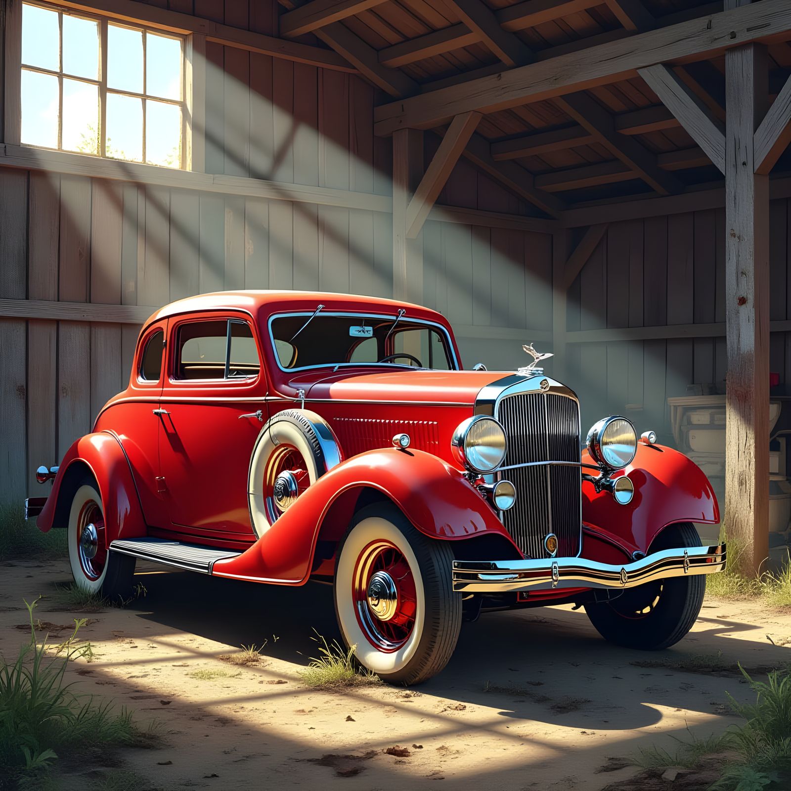 Wacky Antique Car in Barn, Hyperrealistic Splash Art