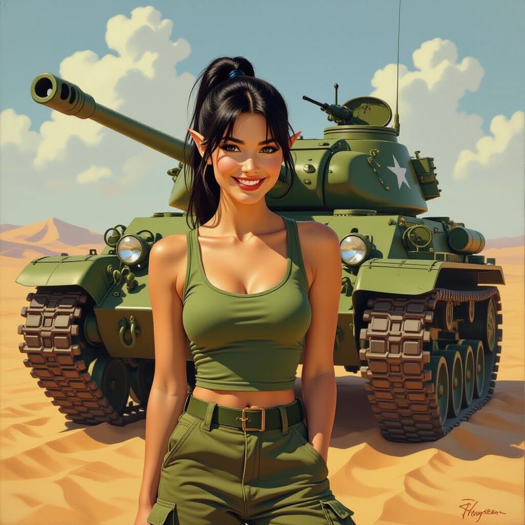 Elf Soldier Poses With Sherman Tank in Desert Oil Painting