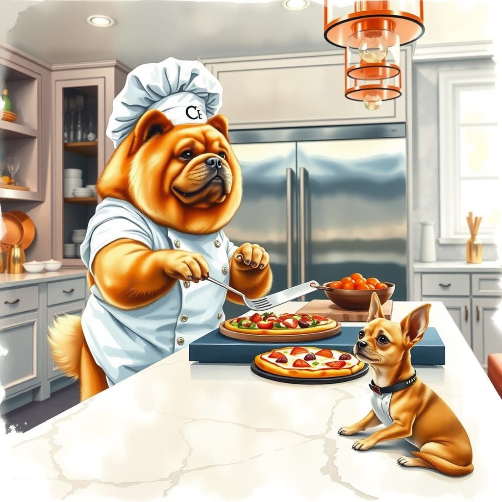 Watercolor Chef Chow Chow and Chihuahua Puppy in Luxury Kitc...