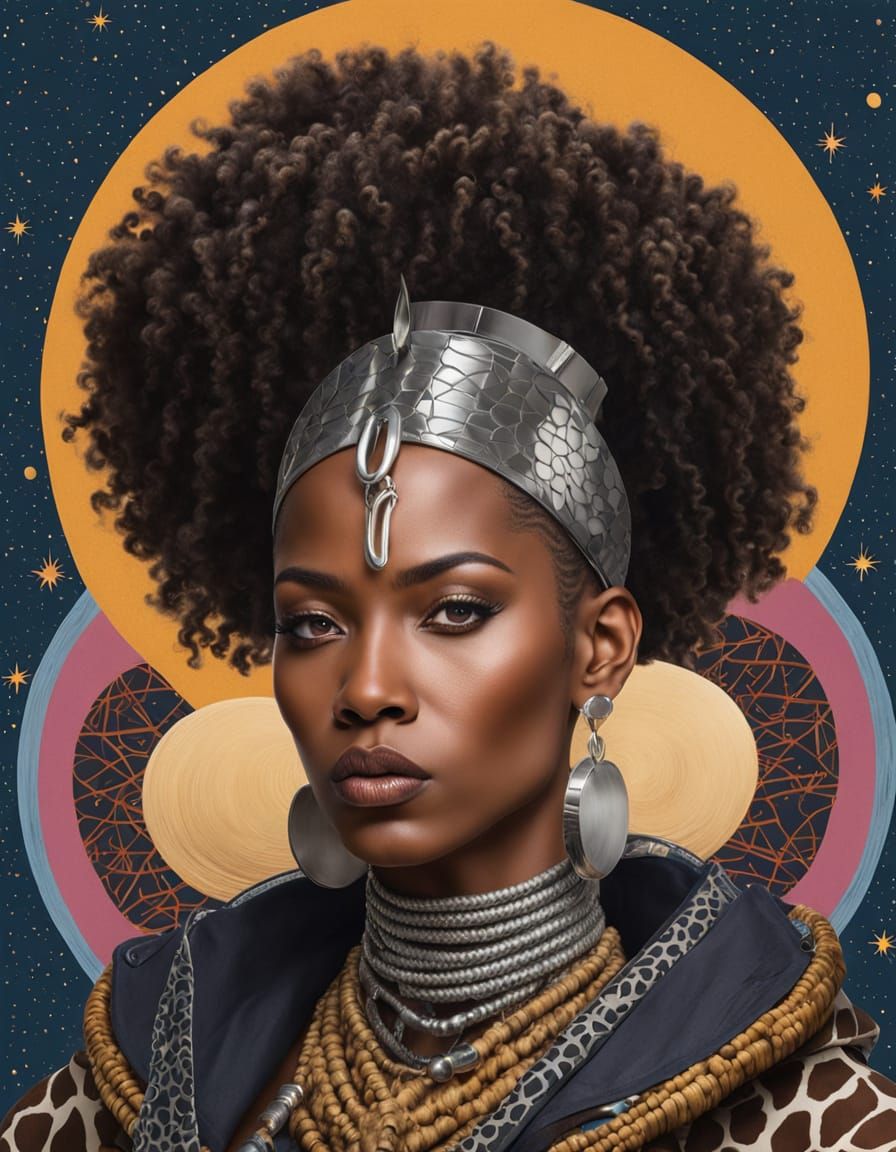 Afrofuturist Portrait with Giraffe Print and Moons
