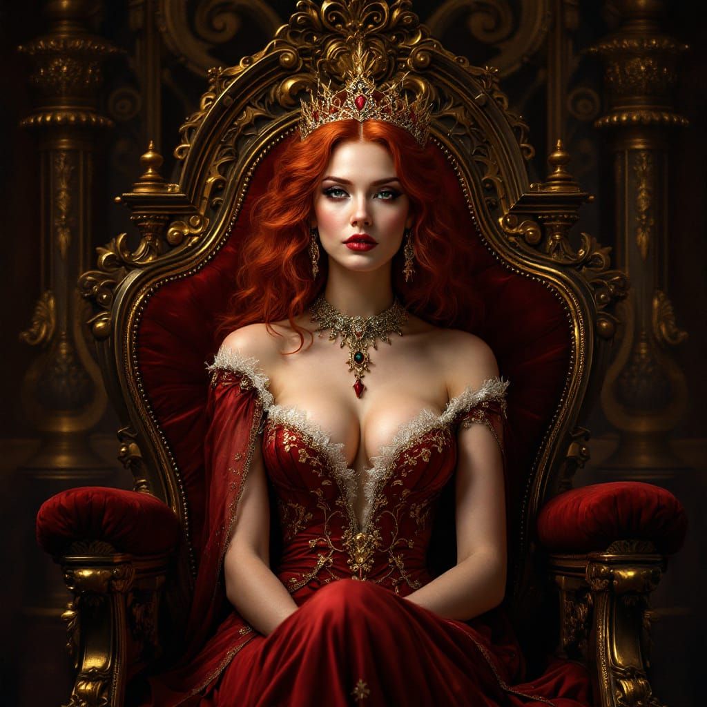Crimson-Haired Queen on Gold Throne in Baroque Style