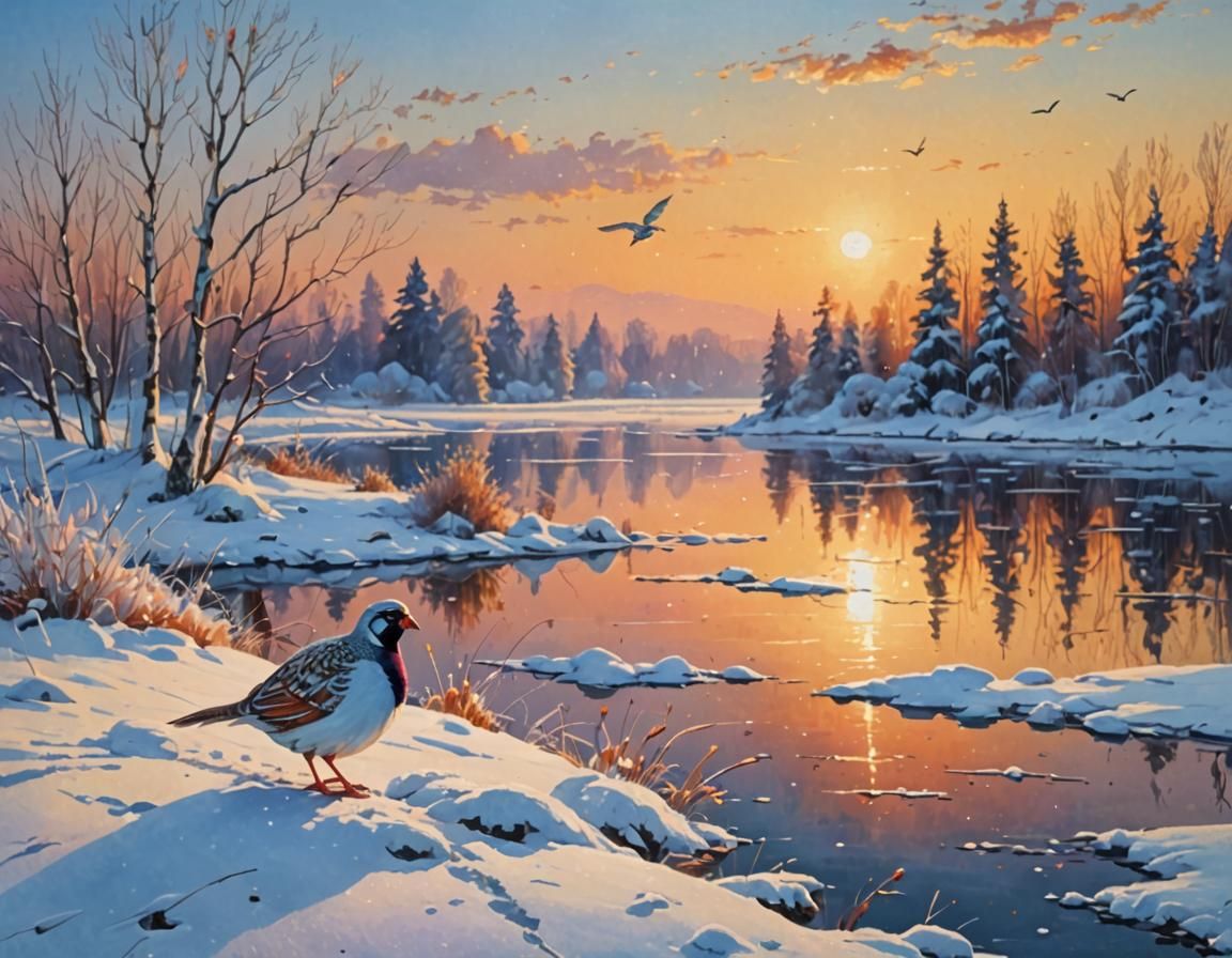 Snow Partridge in Magical Impressionistic Landscape