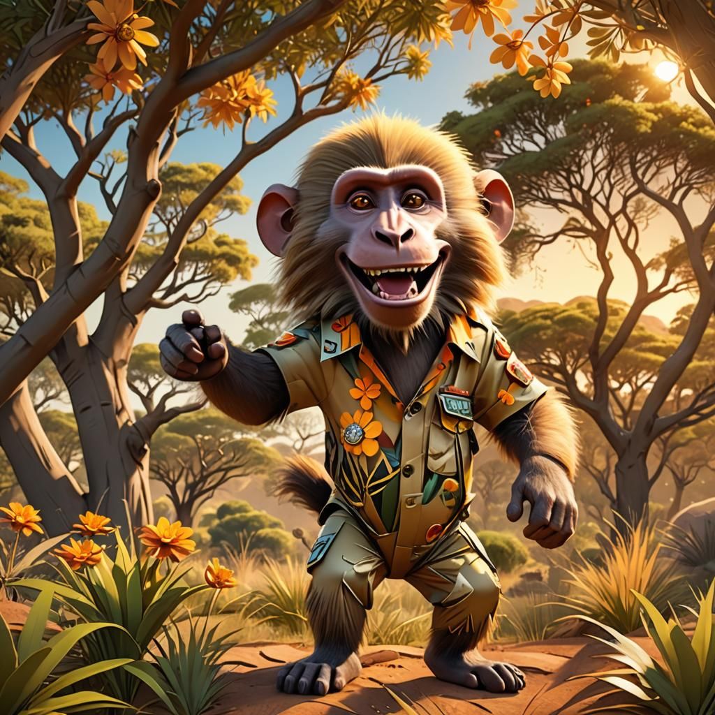 Smiling Baboon in Safari Outfit: Pixar-style 3D Cartoon