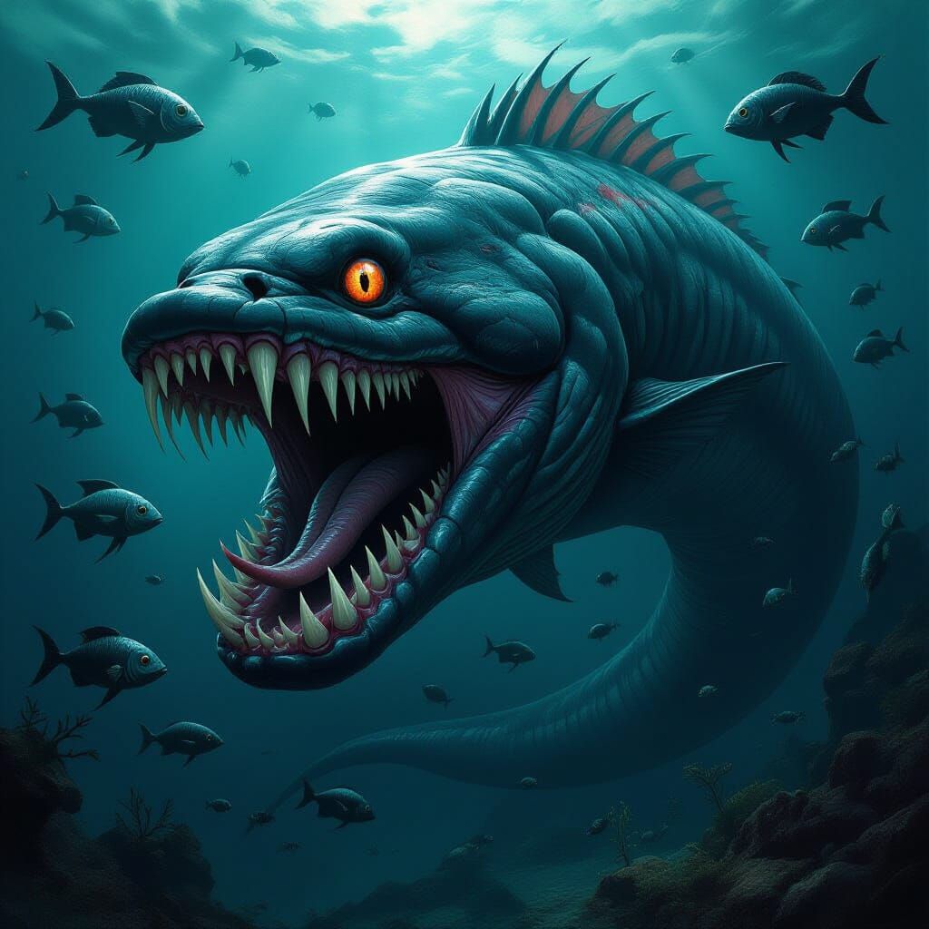 Colossal Eel with Fangs and Deep-Sea Creatures