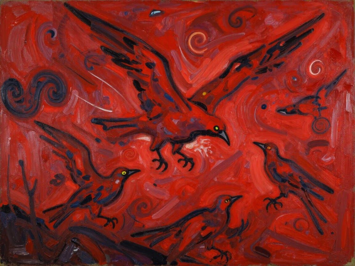 Crimson Tempest: Birds Battling Red Storm in Expressionist S...