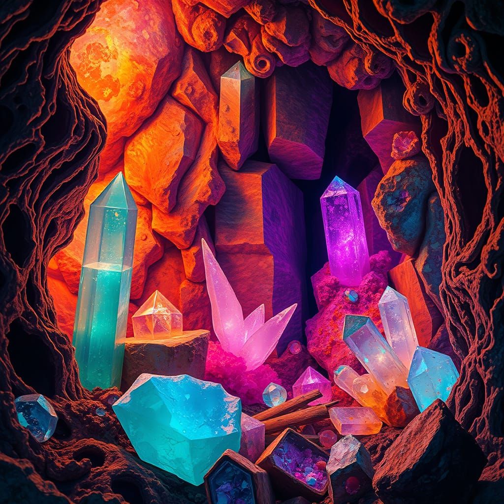 Iridescent Minerals in Dreamlike Cavern