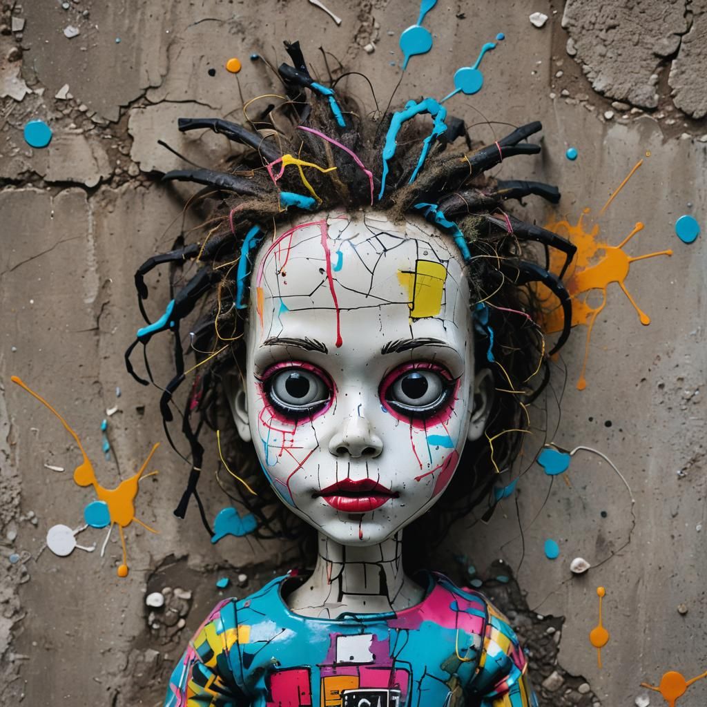 Creepy Cursed Doll in Graffiti Art Style
