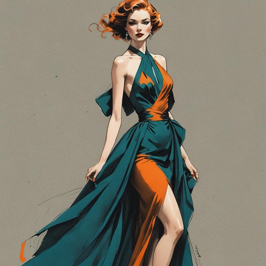 Elegant Woman in Cyan Gown, René Gruau Style