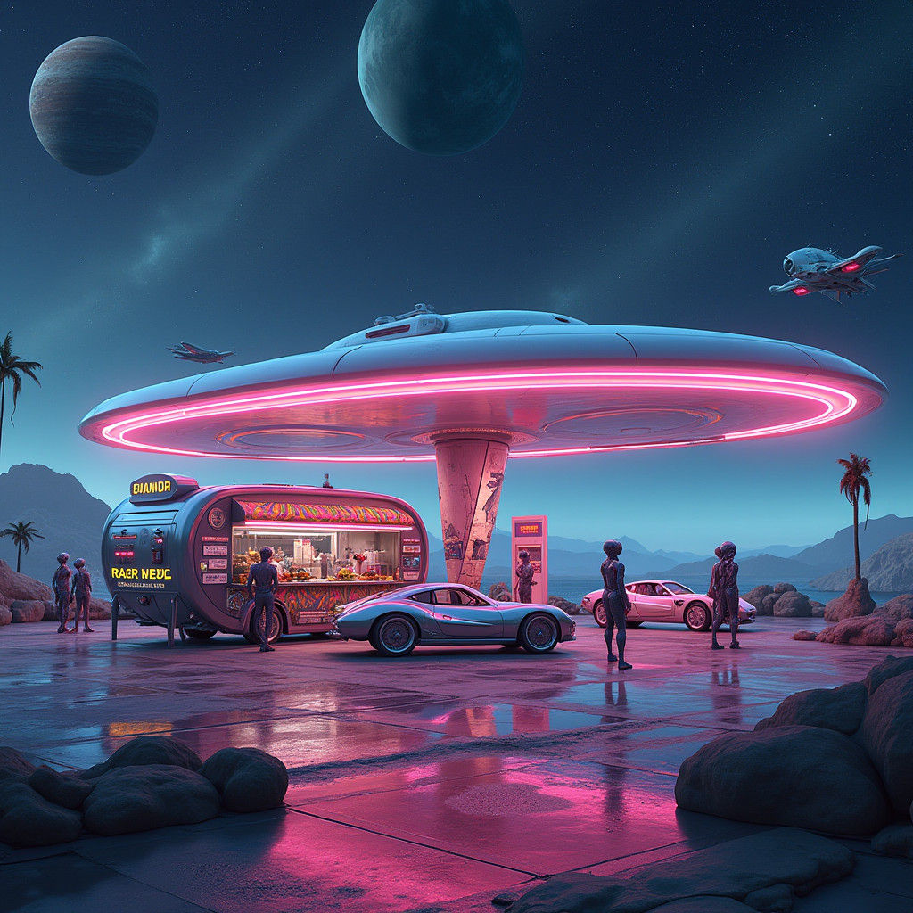 Futuristic Space Gas Station with Alien Attendants