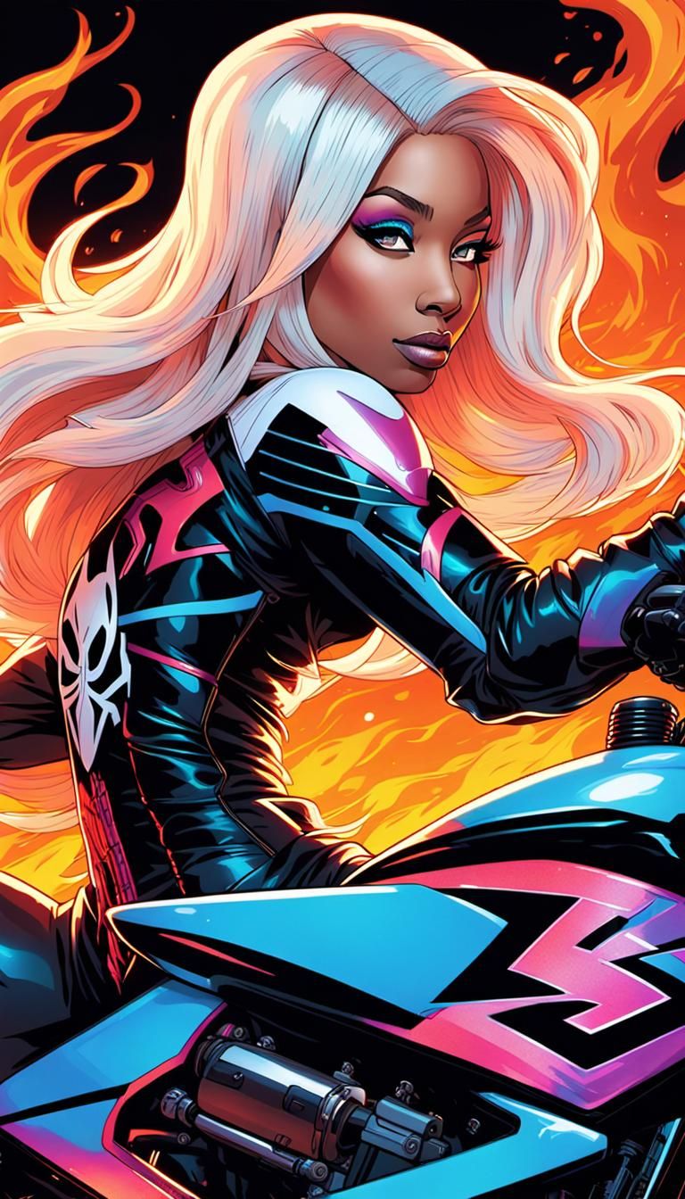 Superheroine Rides Motorcycle in Comic Book Style