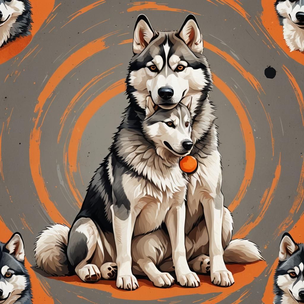 Whimsical Husky and Wolf Cub Illustration