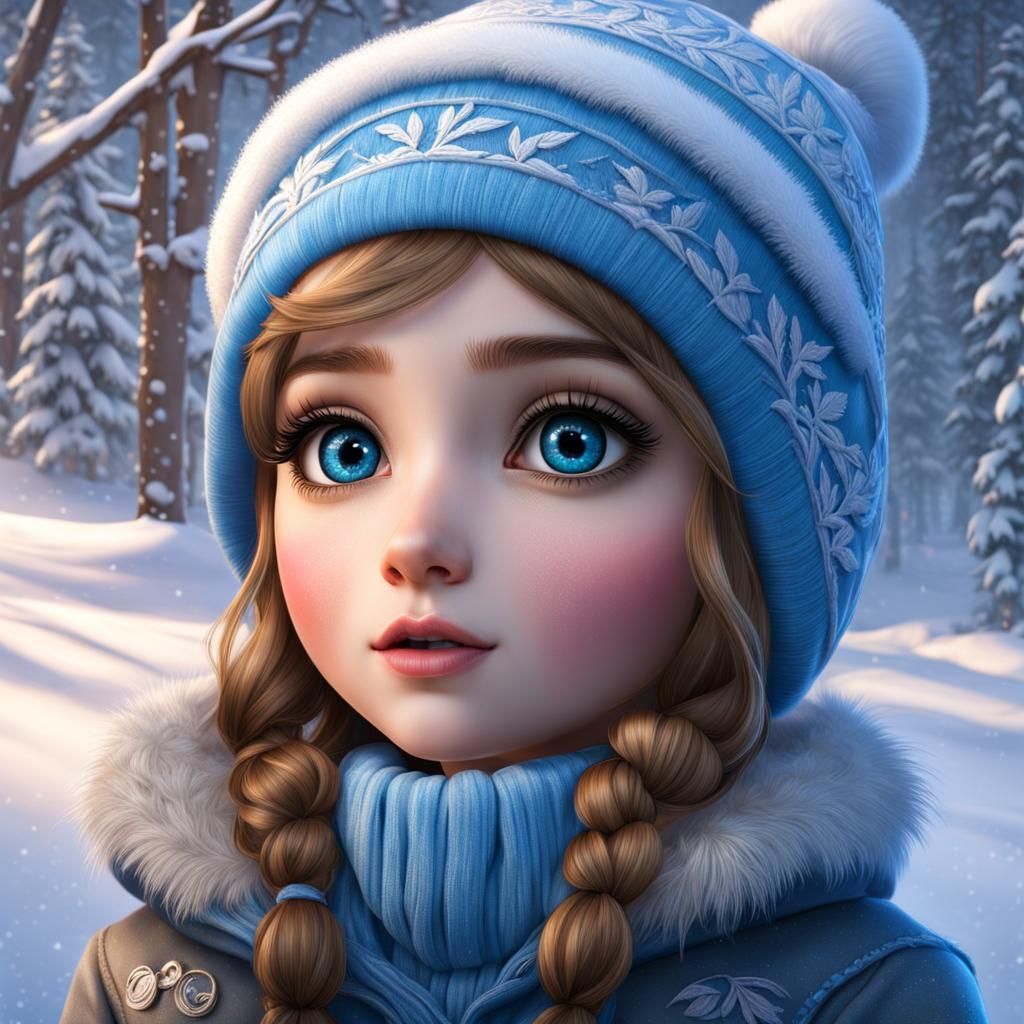 Cute Girl Portrait in Winter Wonderland, Detailed Render