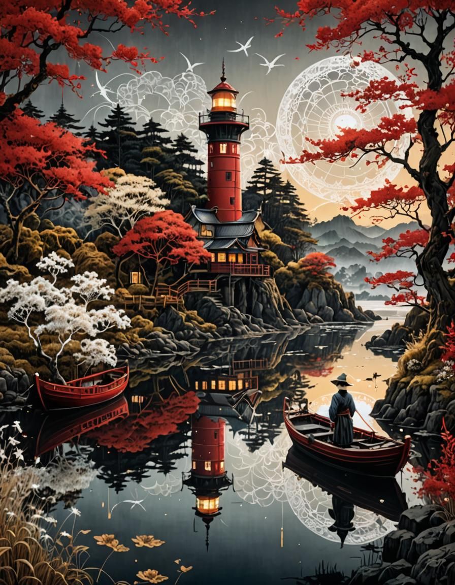 Ornate Japanese countryside sea harbour with lighthouse and ...