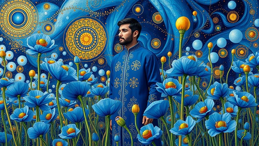 Man in Cobalt Blue Embroidery Amidst Whimsical Poppies