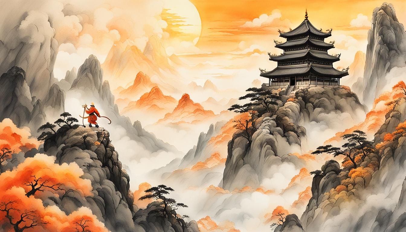 Monkey King Ascends: Chinese Ink Brush Painting